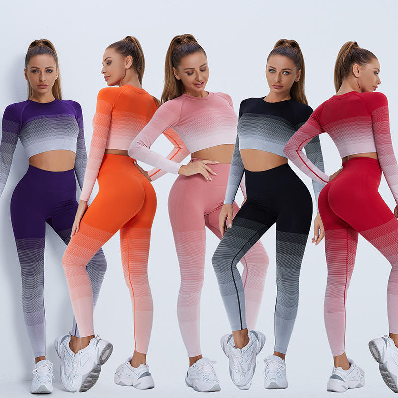 2022 Yoga Wear Farbverlauf Langarm Crop Top Frau Yoga Hosenanzug Fitness Sportswear Zweiteiliges Yoga-Set